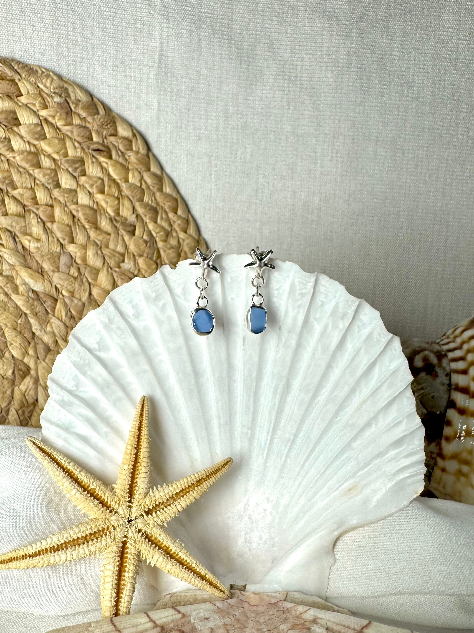 Blue seaglass earrings starfish studs handmade jewellery seaglass jewellery