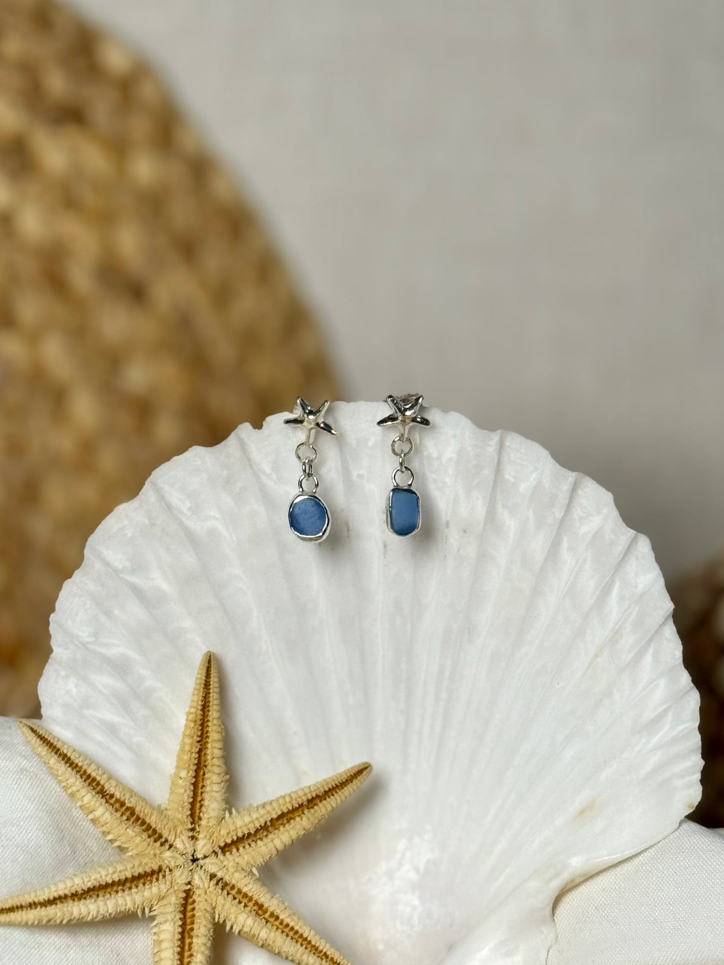 Blue seaglass earrings starfish studs handmade jewellery 