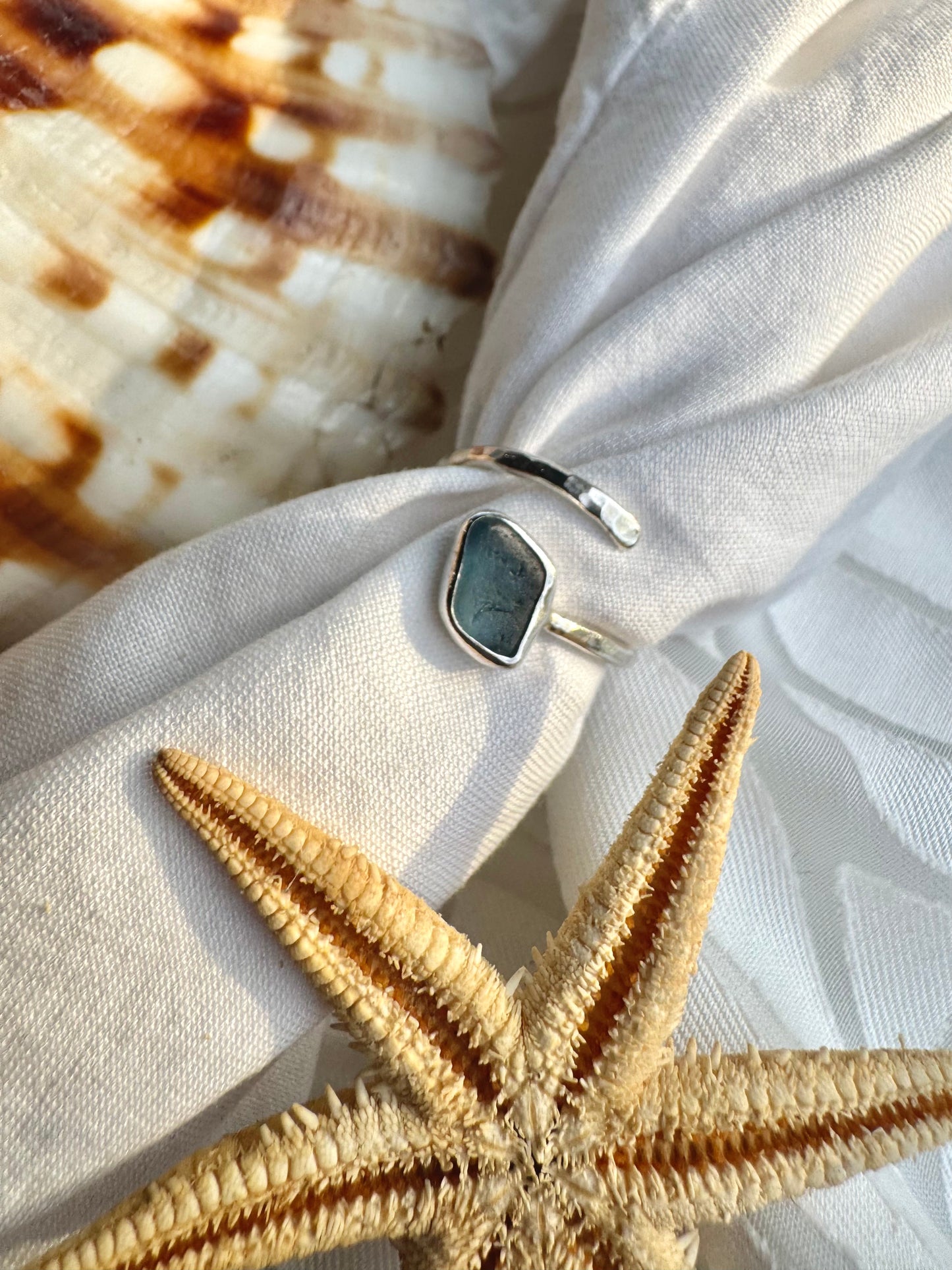 Blue-grey seaglass ring