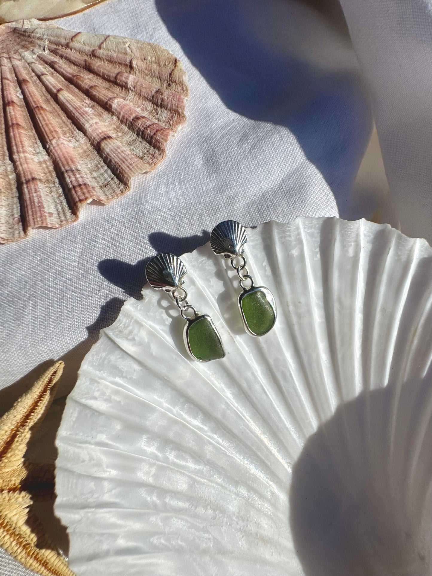 Green seaglass & shell earrings