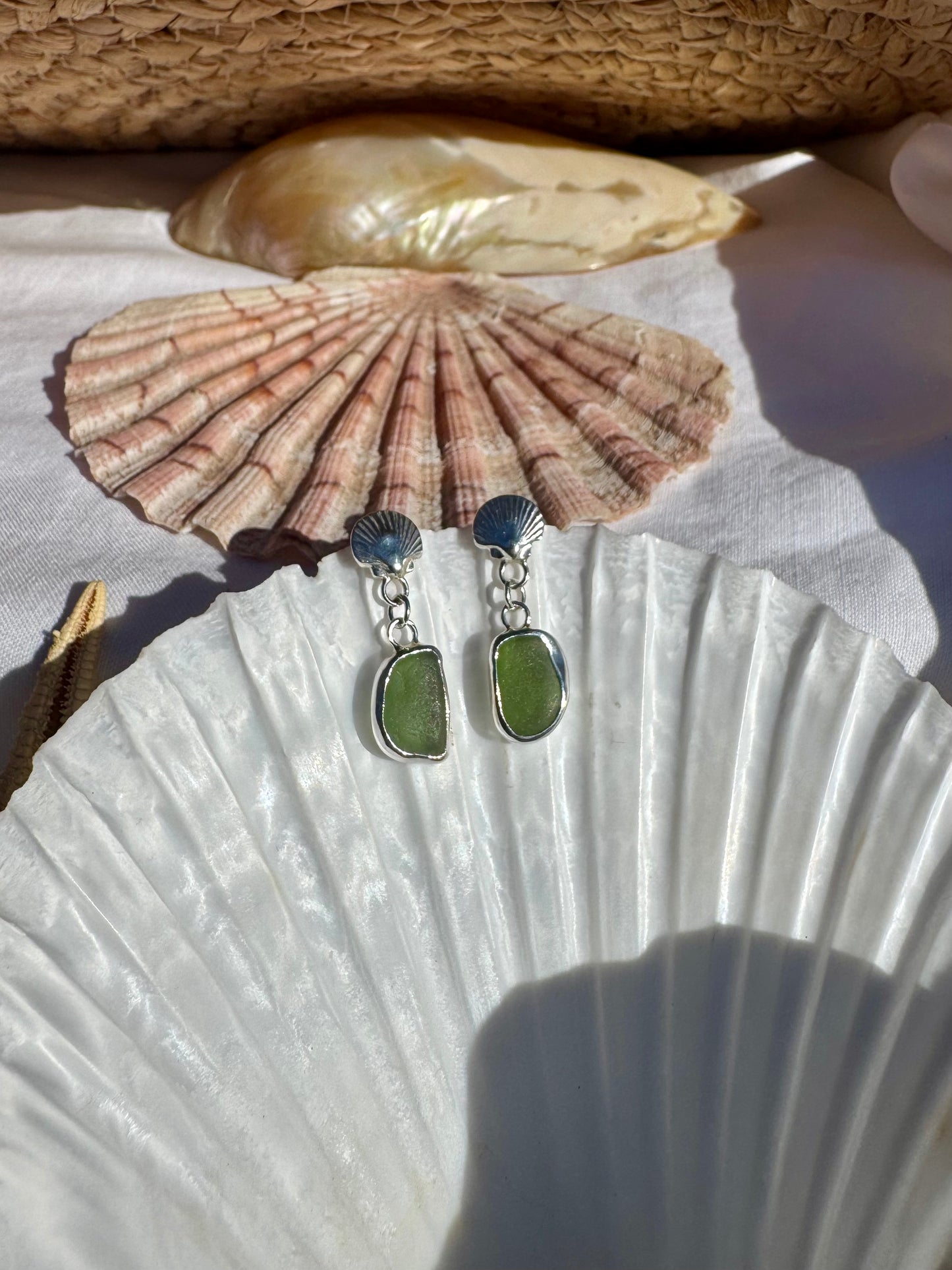 Green seaglass & shell earrings