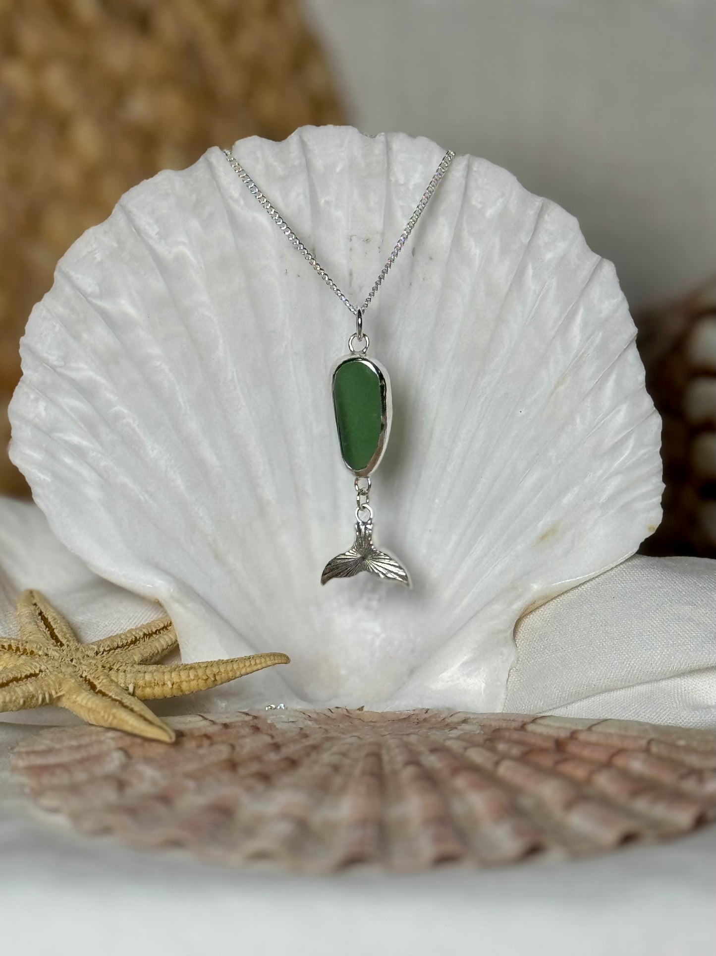 Green seaglass whale necklace