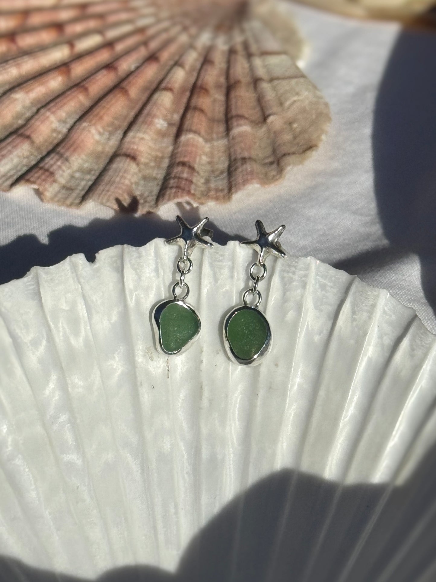 Green seaglass & starfish earrings