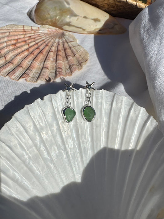 Green seaglass & starfish earrings