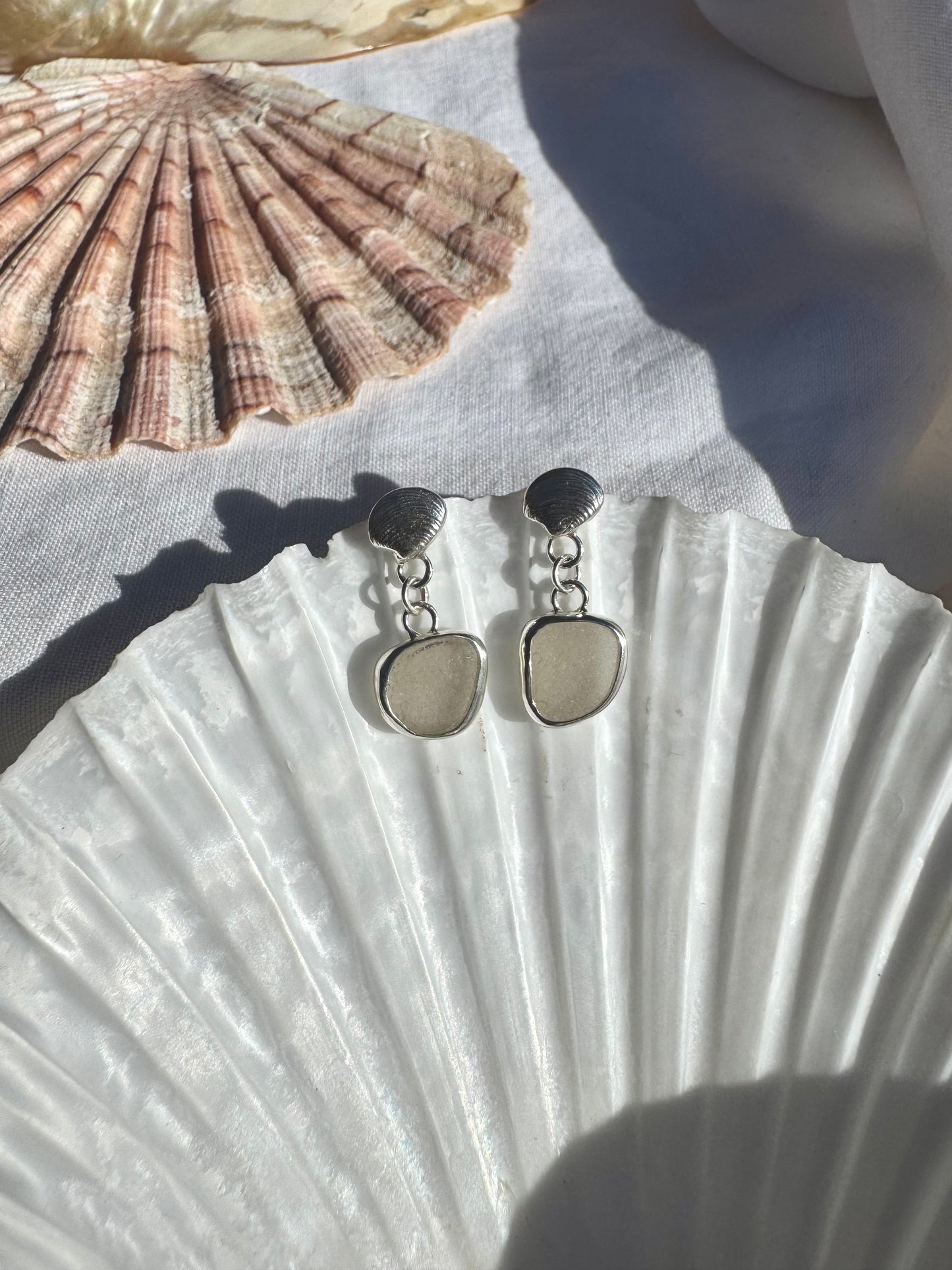 White seaglass & shell earrings