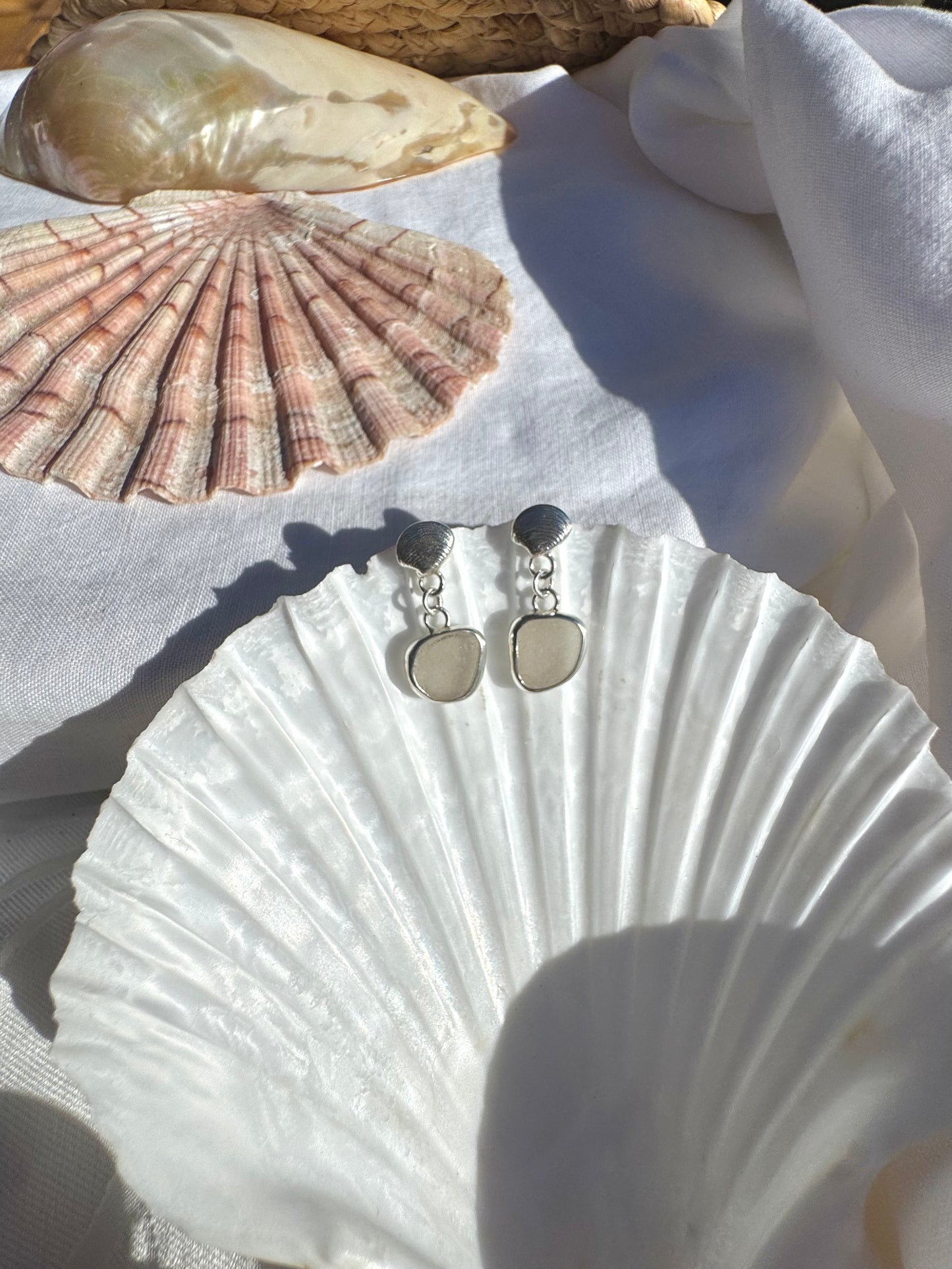 White seaglass & shell earrings